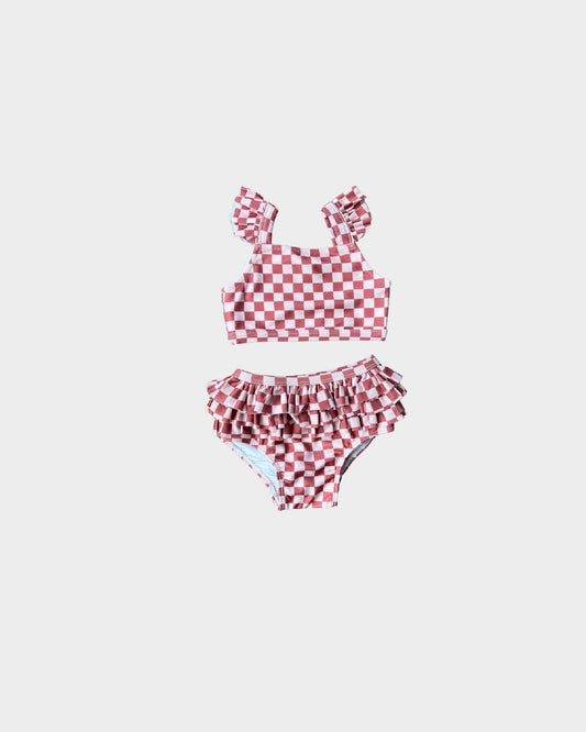 Girl's Two-Piece Ruffle Set- Strawberry Check